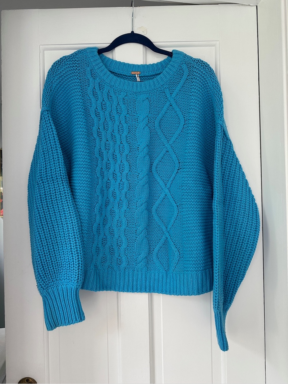 Free People Blue Dream Cable Crewneck Relaxed Lounge Sweater in Size Small